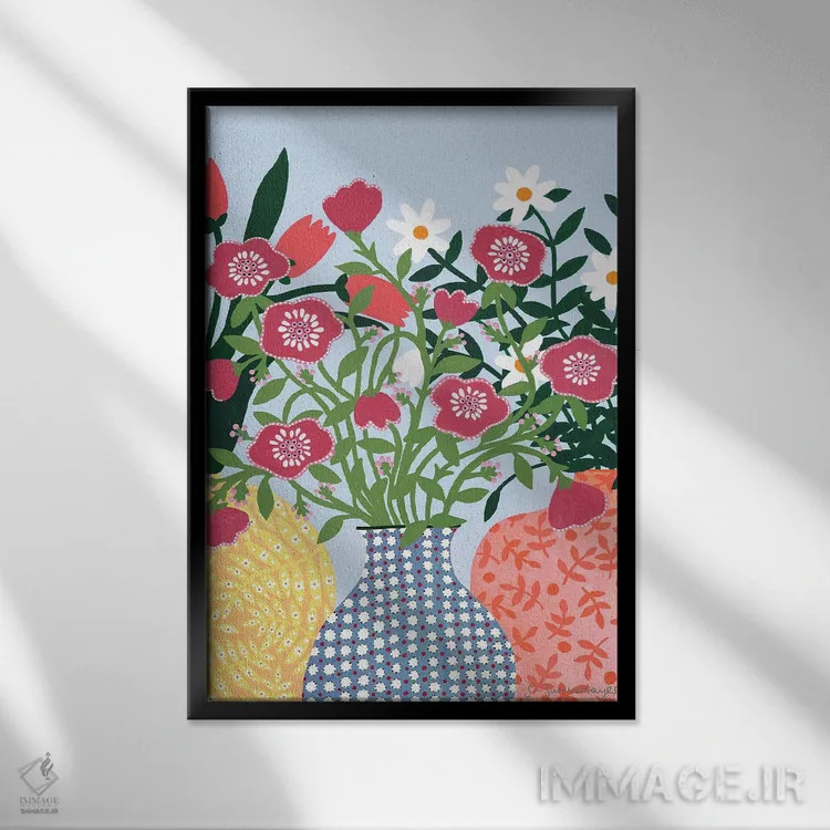 تابلو مینیمال سه گلدان اثر سیان سامرحیز - نمای قابدار مشکی