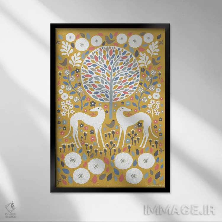 تابلو مینیمال سگ های تازی اسکانباوراوی اثر سیان سامرحیز - نمای قابدار مشکی