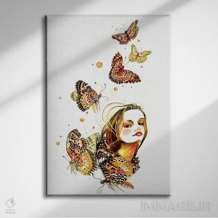 تابلو دکوراتیو پرتره گلدار پروانه اثر سانی گو - نمای روبهرو روی دیوار
