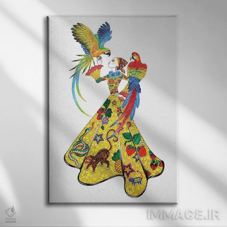 تابلو دکوراتیو طوطی ماکو اثر سانی گو - نمای روبهرو روی دیوار