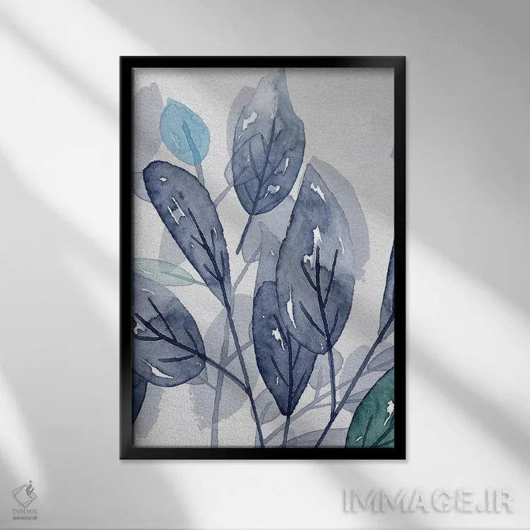 تابلو انتزاعی برگ های سایه ای در آبی دو اثر سوزان جیـل - نمای قابدار مشکی