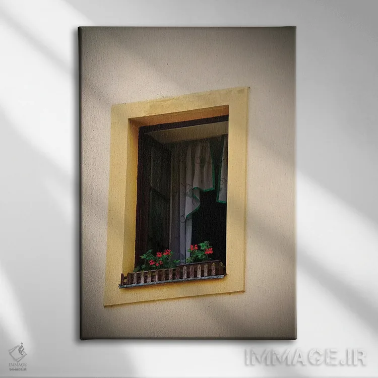 تابلو دکوراتیو جعبه گل پنجره زرد اثر سوزان ویزواری - نمای روبهرو روی دیوار