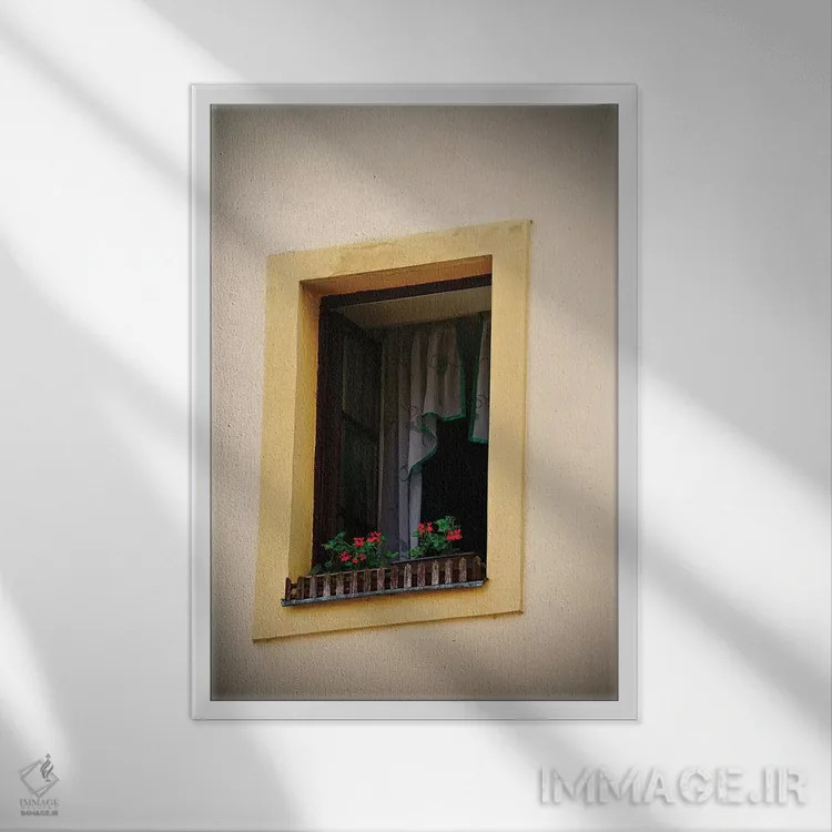 تابلو دکوراتیو جعبه گل پنجره زرد اثر سوزان ویزواری - نمای قابدار سفید