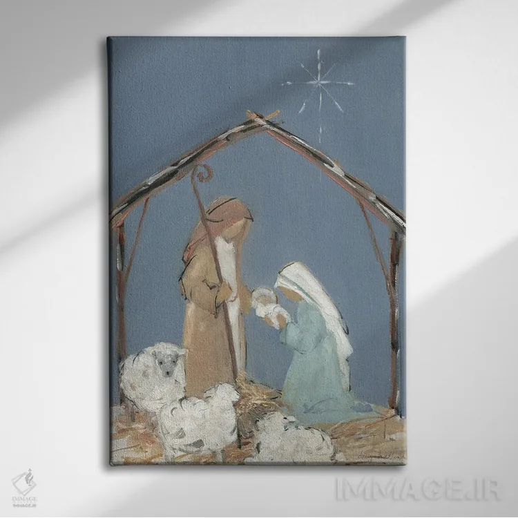 تابلو دکوراتیو خانواده تولد مسیح در گرگ ومیش اثر سالی سواتلند - نمای روبهرو روی دیوار