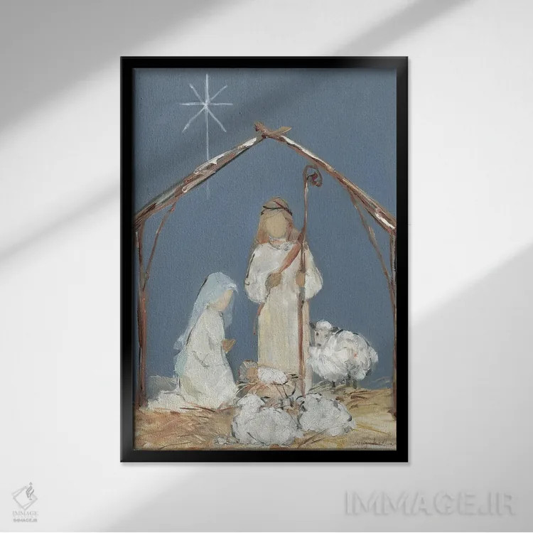 تابلو دکوراتیو دعای تولد مسیح در گرگ ومیش اثر سالی سواتلند - نمای قابدار مشکی