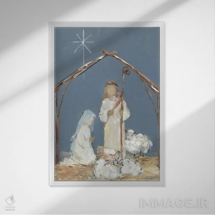 تابلو دکوراتیو دعای تولد مسیح در گرگ ومیش اثر سالی سواتلند - نمای قابدار سفید