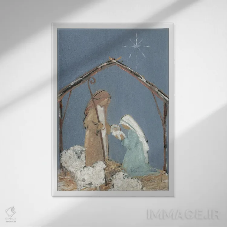 تابلو دکوراتیو خانواده تولد مسیح در گرگ ومیش اثر سالی سواتلند - نمای قابدار سفید