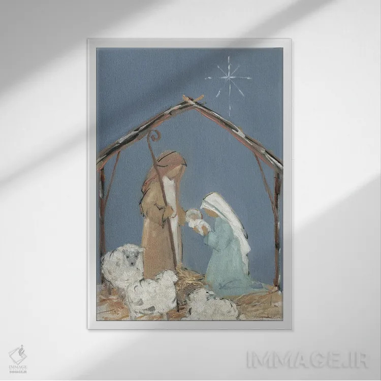 تابلو دکوراتیو خانواده تولد مسیح در گرگ ومیش اثر سالی سواتلند - نمای قابدار سفید