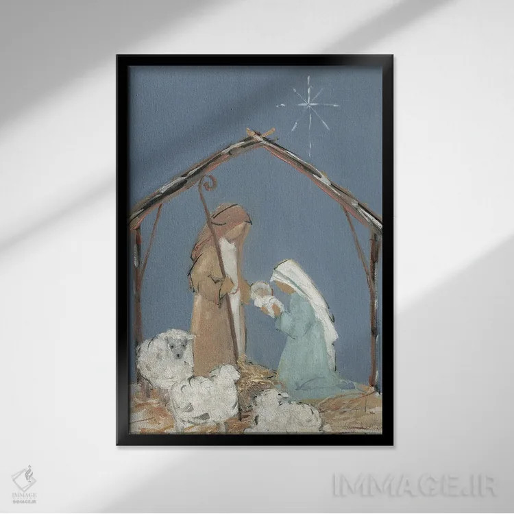 تابلو دکوراتیو خانواده تولد مسیح در گرگ ومیش اثر سالی سواتلند - نمای قابدار مشکی
