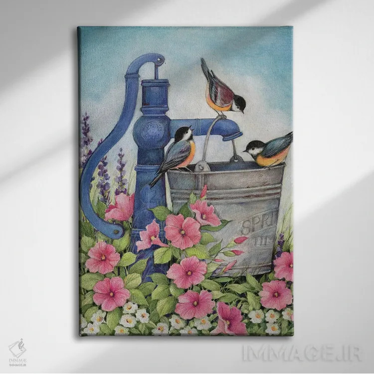 تابلو دکوراتیو چاه آب با پرندگان اثر سوزان وینگت - نمای روبهرو روی دیوار