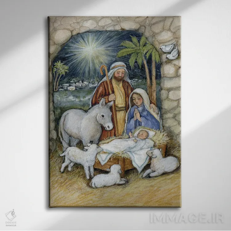 تابلو دکوراتیو تندیس نگاری سنگی تولد مسیح اثر سوزان وینگت - نمای روبهرو روی دیوار