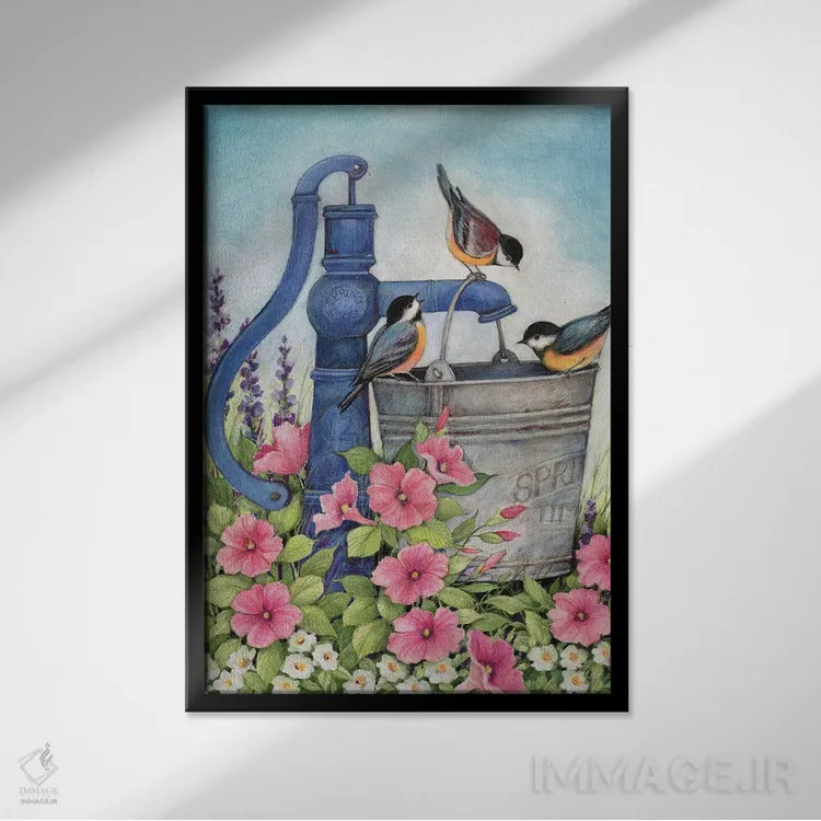 تابلو دکوراتیو چاه آب با پرندگان اثر سوزان وینگت - نمای قابدار مشکی
