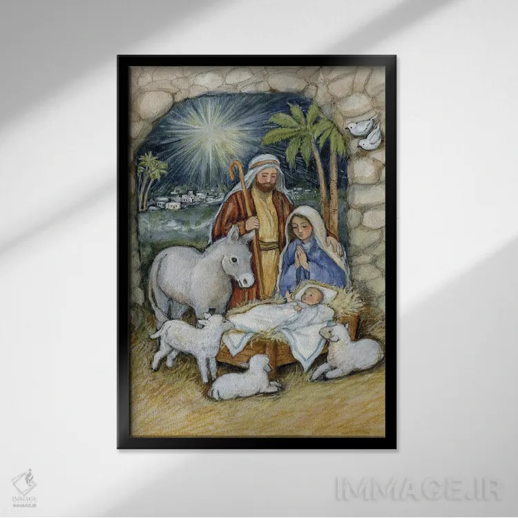 تابلو دکوراتیو تندیس نگاری سنگی تولد مسیح اثر سوزان وینگت - نمای قابدار مشکی