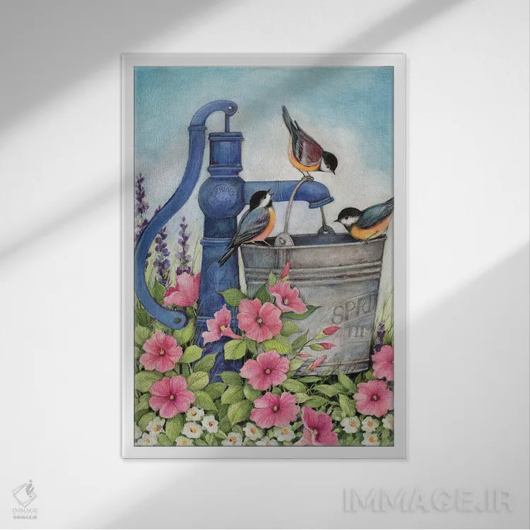 تابلو دکوراتیو چاه آب با پرندگان اثر سوزان وینگت - نمای قابدار سفید