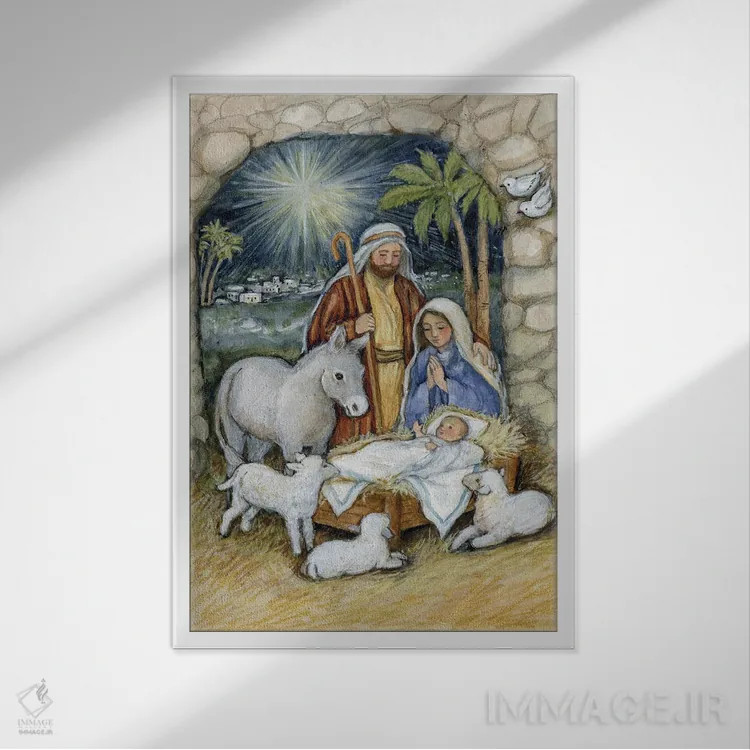 تابلو دکوراتیو تندیس نگاری سنگی تولد مسیح اثر سوزان وینگت - نمای قابدار سفید