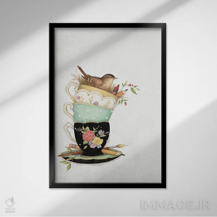تابلو دکوراتیو آیکون دسته فنجان های چای ۱ اثر سوزان وینگت - نمای قابدار مشکی