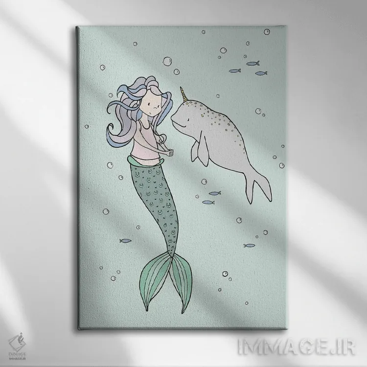 تابلو دکوراتیو پری دریایی و دوستان نروال اثر دیزاینز سوییت ملودی - نمای روبهرو روی دیوار