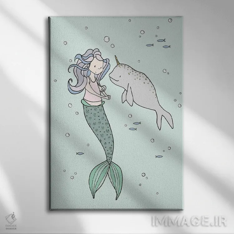 تابلو دکوراتیو پری دریایی و دوستان نروال اثر دیزاینز سوییت ملودی - نمای روبهرو روی دیوار