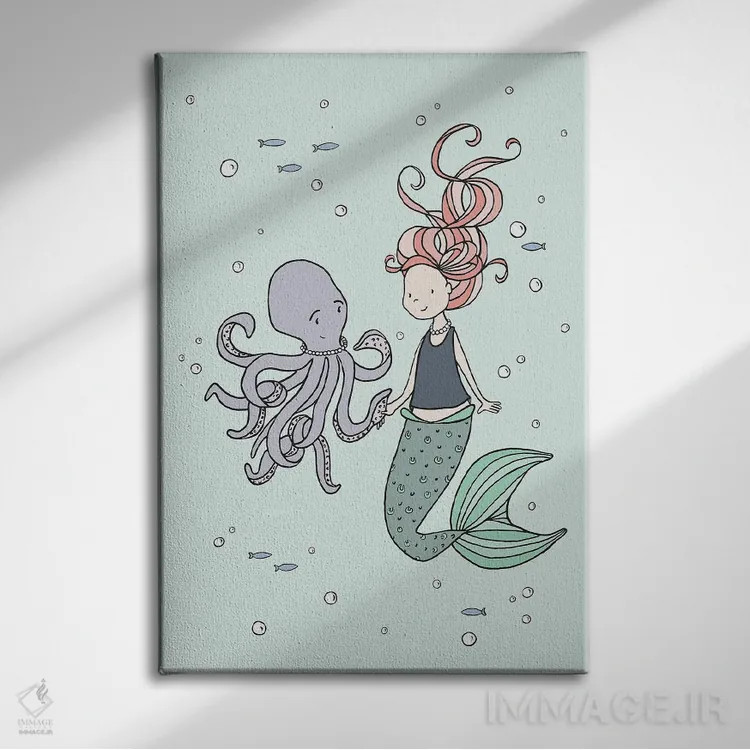 تابلو دکوراتیو پری دریایی و دوستان هشت پا اثر دیزاینز سوییت ملودی - نمای روبهرو روی دیوار