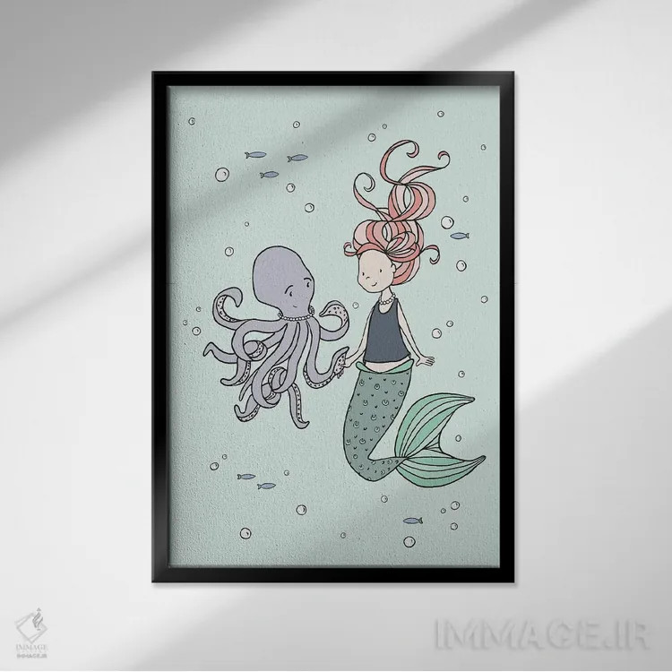 تابلو دکوراتیو پری دریایی و دوستان هشت پا اثر دیزاینز سوییت ملودی - نمای قابدار مشکی