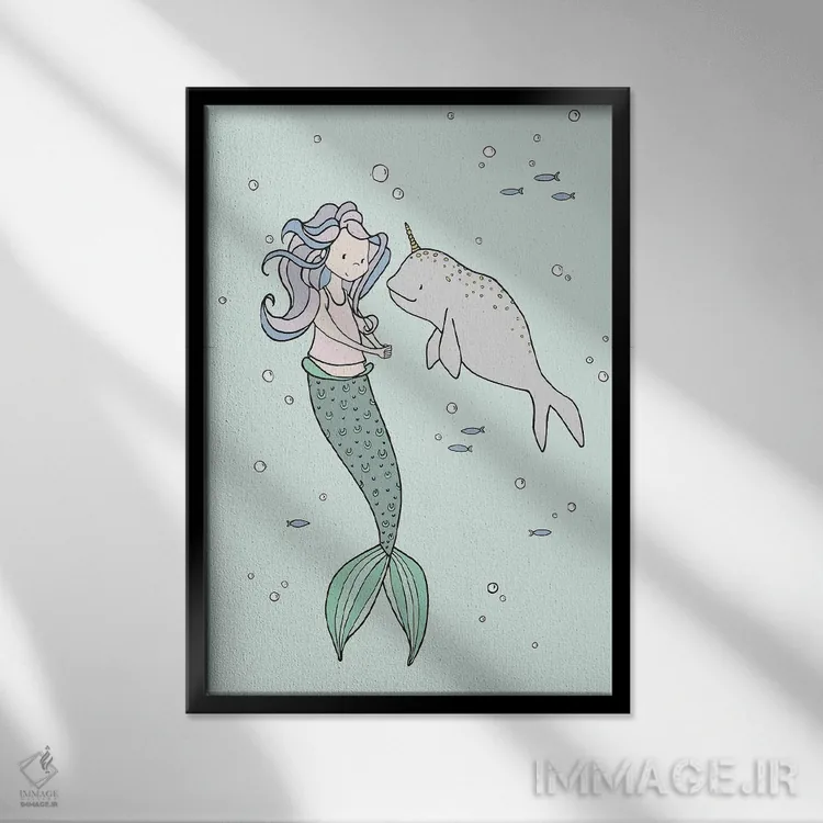 تابلو دکوراتیو پری دریایی و دوستان نروال اثر دیزاینز سوییت ملودی - نمای قابدار مشکی