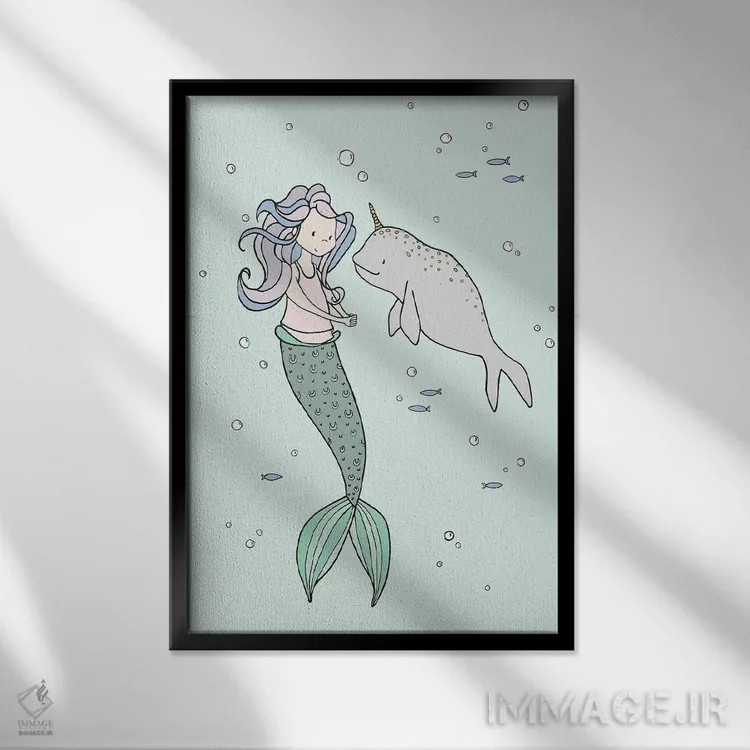 تابلو دکوراتیو پری دریایی و دوستان نروال اثر دیزاینز سوییت ملودی - نمای قابدار مشکی