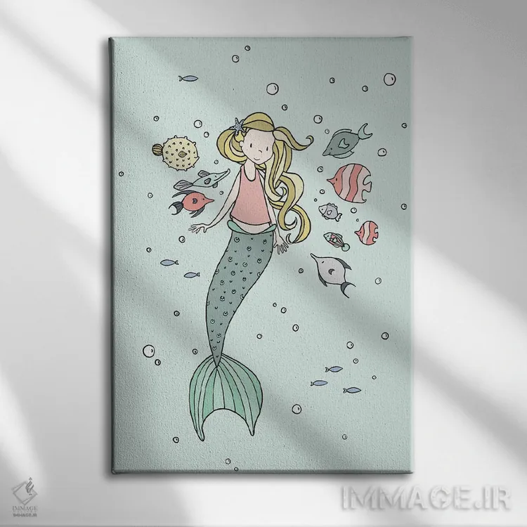 تابلو دکوراتیو پری دریایی و دوستان ماهی اثر دیزاینز سوییت ملودی - نمای روبهرو روی دیوار