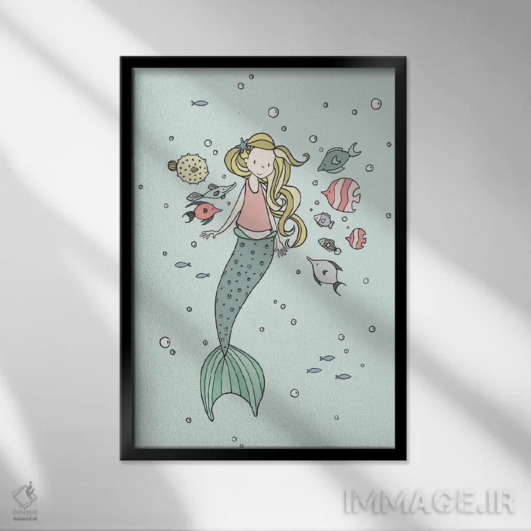 تابلو دکوراتیو پری دریایی و دوستان ماهی اثر دیزاینز سوییت ملودی - نمای قابدار مشکی
