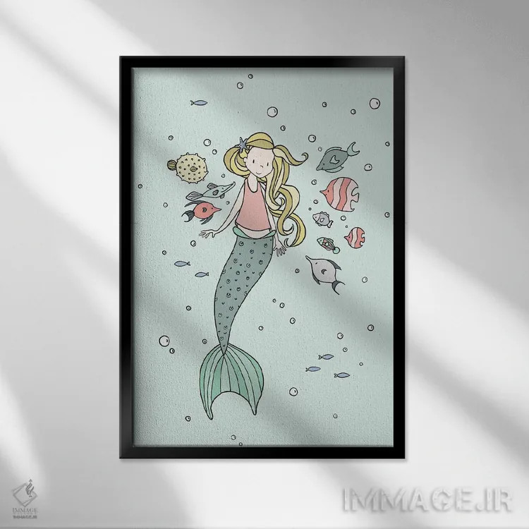 تابلو دکوراتیو پری دریایی و دوستان ماهی اثر دیزاینز سوییت ملودی - نمای قابدار مشکی