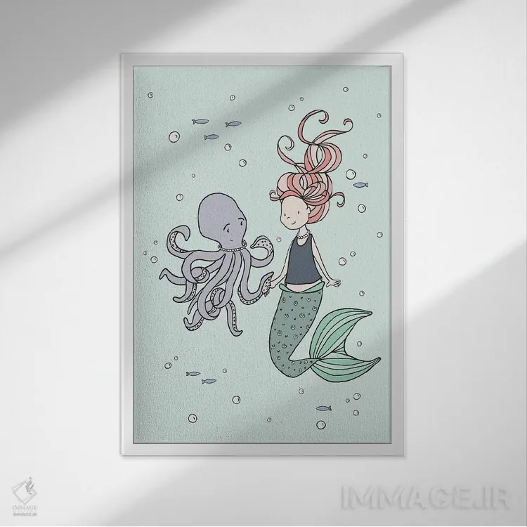 تابلو دکوراتیو پری دریایی و دوستان هشت پا اثر دیزاینز سوییت ملودی - نمای قابدار سفید