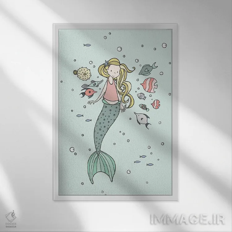 تابلو دکوراتیو پری دریایی و دوستان ماهی اثر دیزاینز سوییت ملودی - نمای قابدار سفید