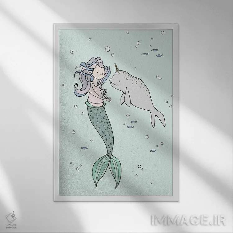 تابلو دکوراتیو پری دریایی و دوستان نروال اثر دیزاینز سوییت ملودی - نمای قابدار سفید