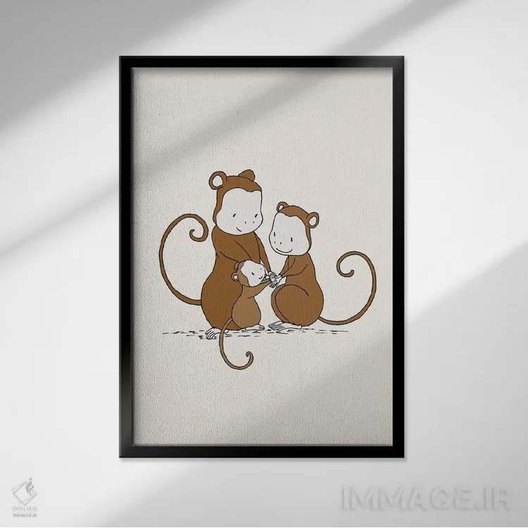 تابلو دکوراتیو خانواده میمون اثر دیزاینز سوییت ملودی - نمای قابدار مشکی