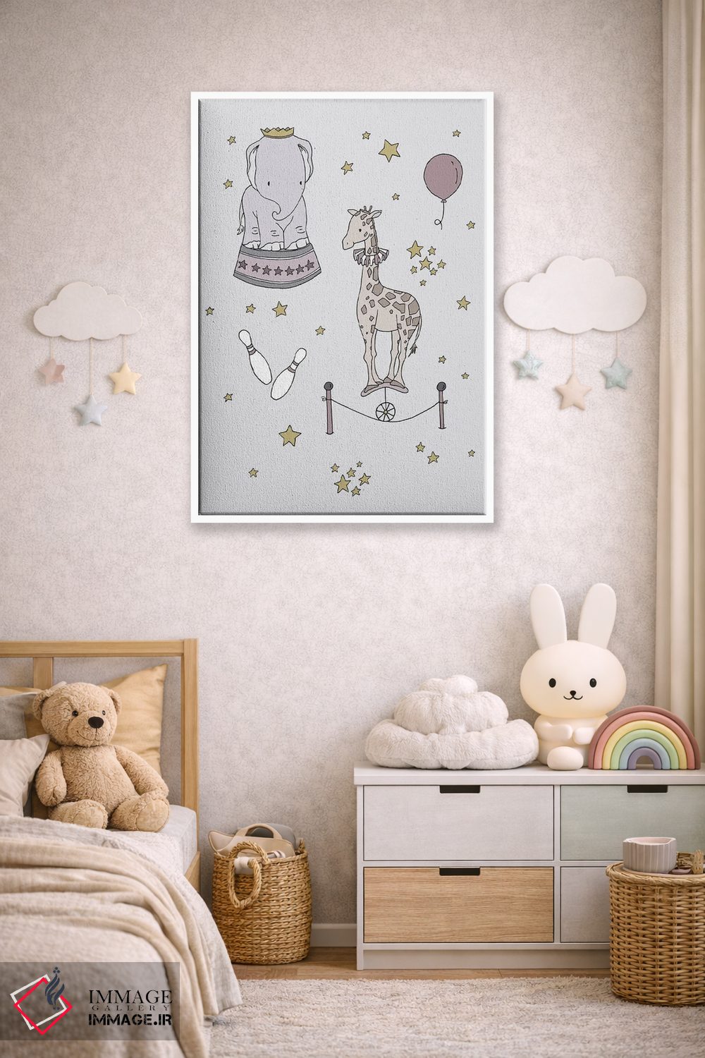 تابلو دکوراتیو رویای سیرک: فیل و زرافه اثر دیزاینز سوییت ملودی - D3W