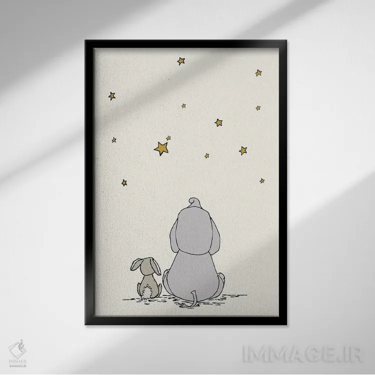 تابلو دکوراتیو فیل و خرگوش آرزو می کنند اثر دیزاینز سوییت ملودی - نمای قابدار مشکی