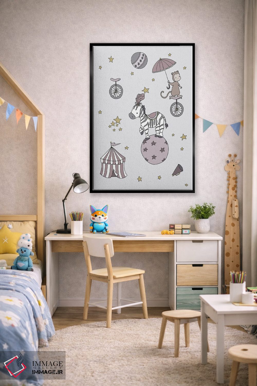 تابلو دکوراتیو رویای سیرک: گورخر و میمون اثر دیزاینز سوییت ملودی - D2B