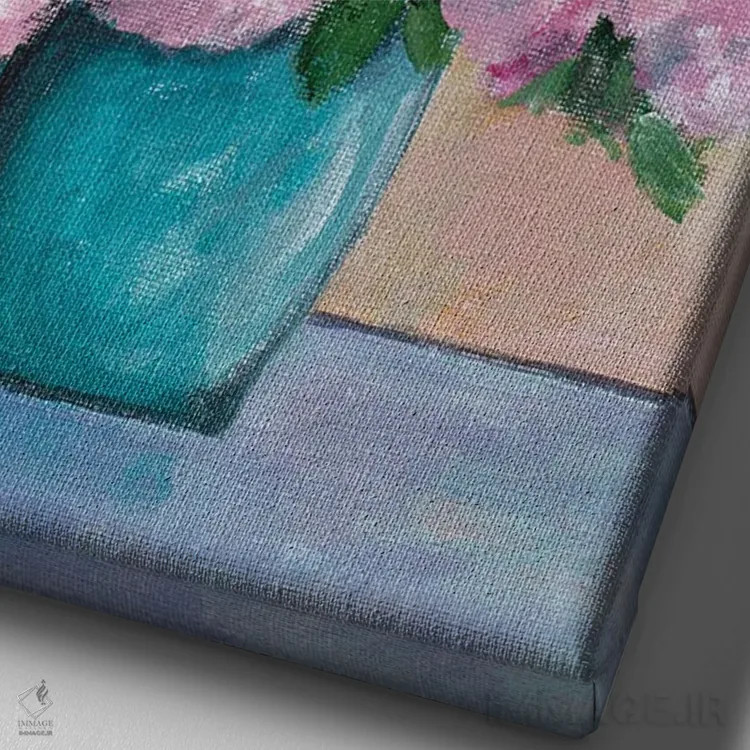 تابلو دکوراتیو گلدان گل با سبک فوویسم و پس زمینه بژ اثر سالی بی - نمای نزدیک بافت بوم