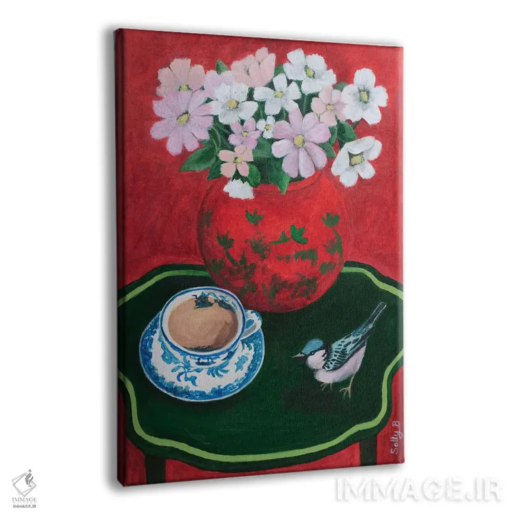 تابلو دکوراتیو فنجان چای پرنده و گل های چین وار اثر سالی بی - نمای پرسپکتیو محصول