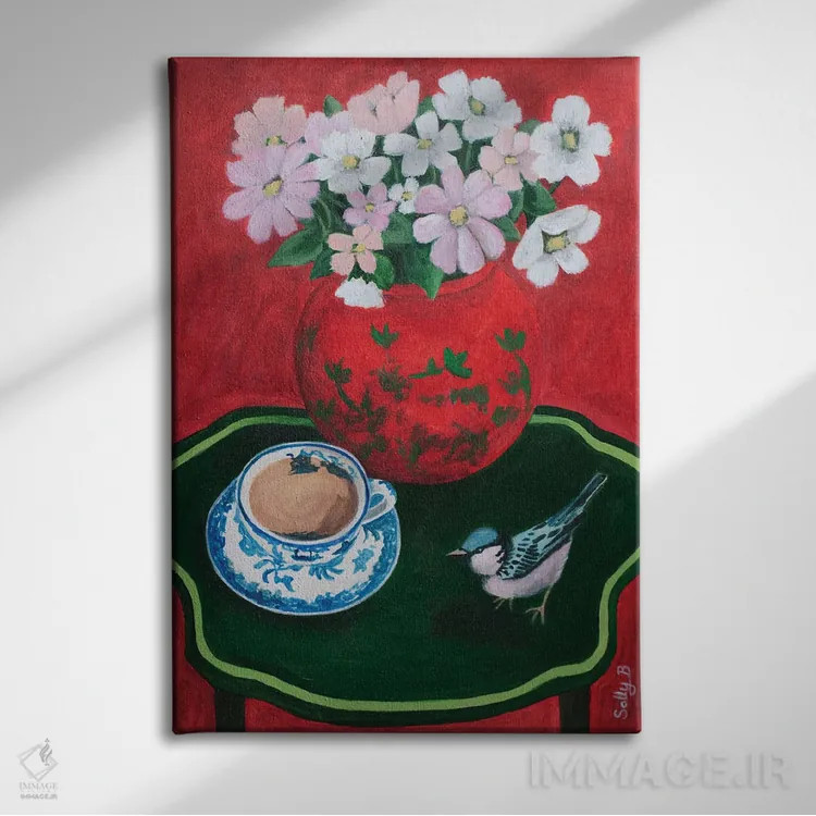 تابلو دکوراتیو فنجان چای پرنده و گل های چین وار اثر سالی بی - نمای روبهرو روی دیوار