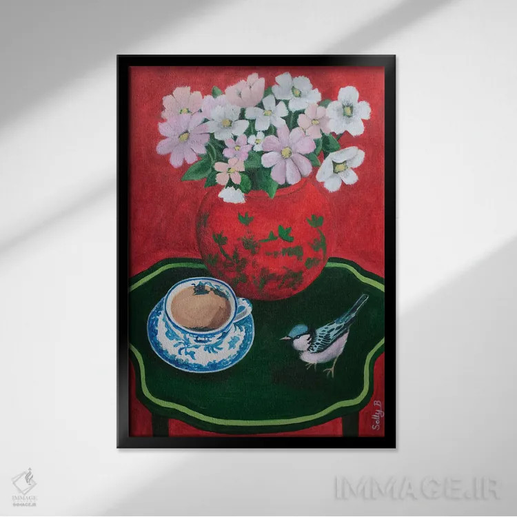 تابلو دکوراتیو فنجان چای پرنده و گل های چین وار اثر سالی بی - نمای قابدار مشکی