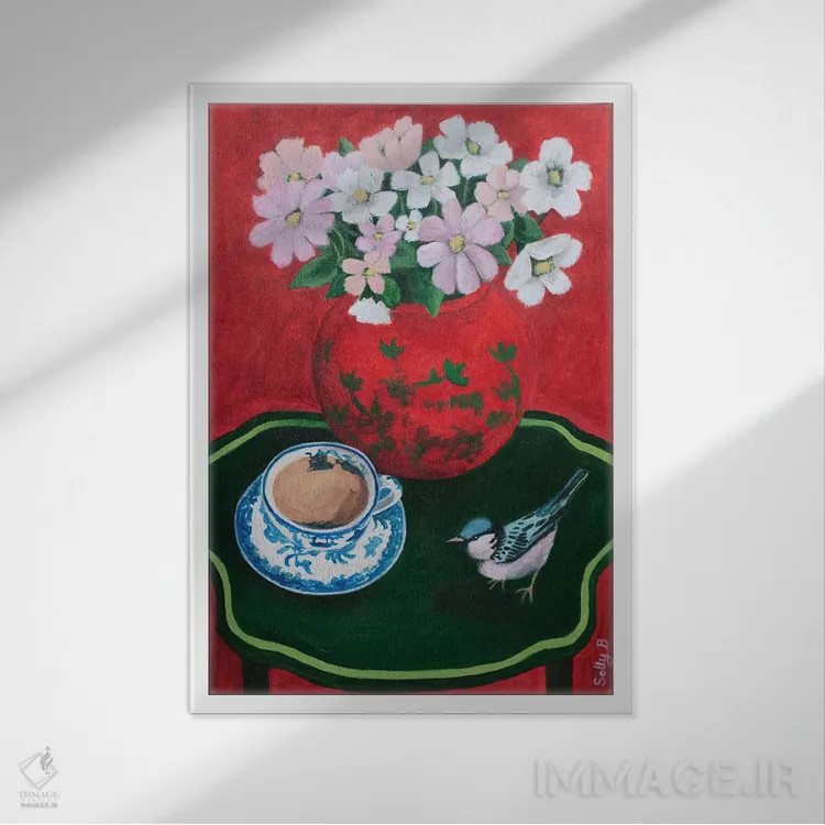 تابلو دکوراتیو فنجان چای پرنده و گل های چین وار اثر سالی بی - نمای قابدار سفید