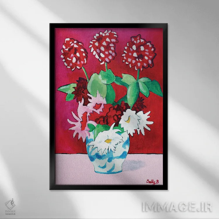 تابلو دکوراتیو دسته گل شمعدانی و داوودی اثر سالی بی - نمای قابدار مشکی