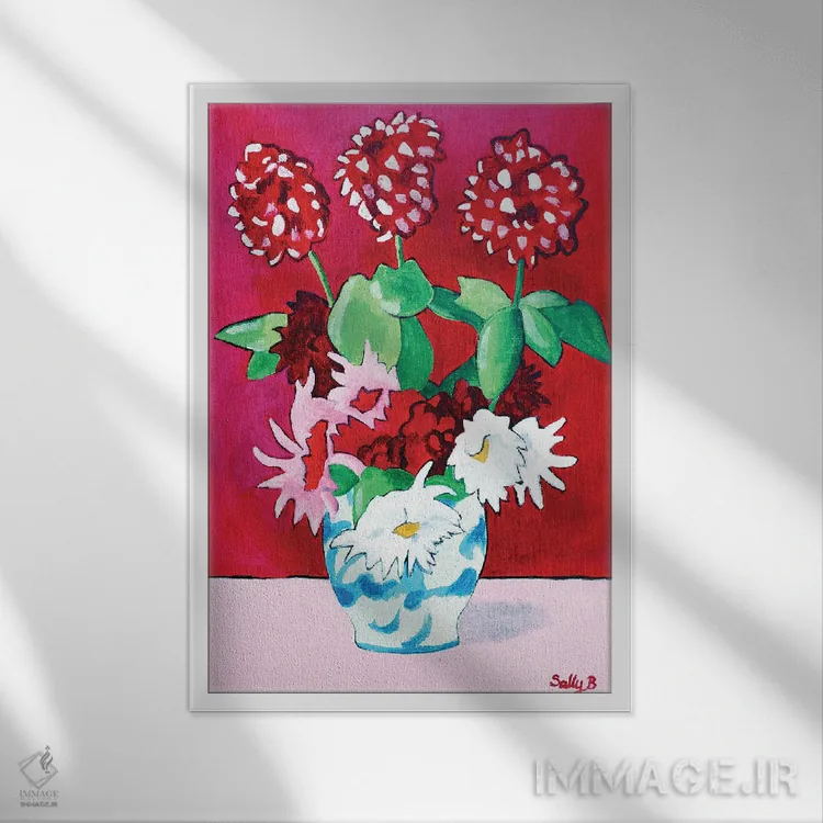 تابلو دکوراتیو دسته گل شمعدانی و داوودی اثر سالی بی - نمای قابدار سفید