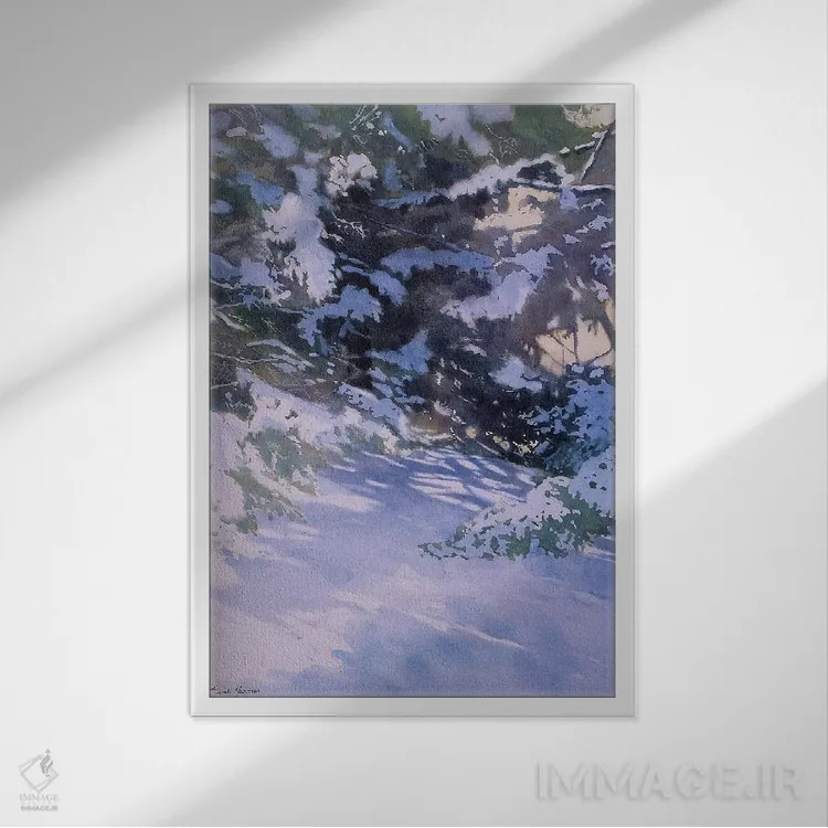 تابلو دکوراتیو زمستان درختان کاج سفید اثر سارا یئومن - نمای قابدار سفید