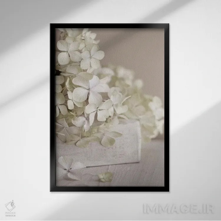 تابلو دکوراتیو گل های سفید اثر سیمپوزیوم دیزاین - نمای قابدار مشکی