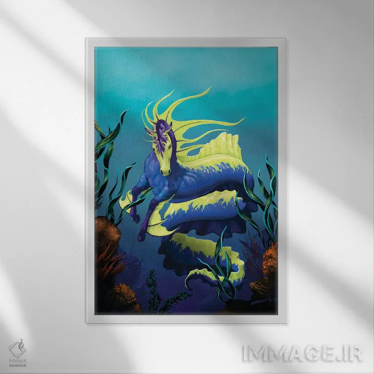 تابلو دکوراتیو اسب دریایی روبان دار اثر استنلی موریسون - نمای قابدار سفید