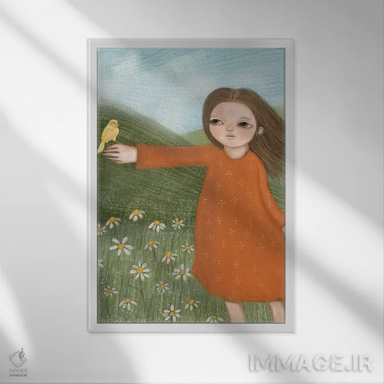 تابلو دکوراتیو قناری اثر سیلویا کولاساکو - نمای قابدار سفید