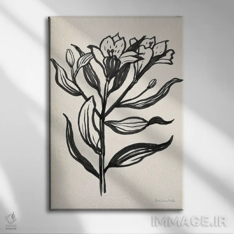 تابلو مینیمال گل با جوهر I روی زمینه کرم اثر سارا زایو میلر - نمای روبهرو روی دیوار
