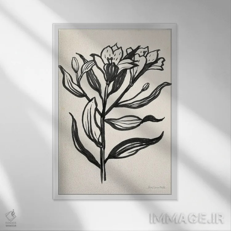 تابلو مینیمال گل با جوهر I روی زمینه کرم اثر سارا زایو میلر - نمای قابدار سفید