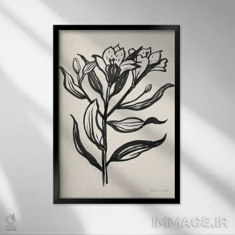 تابلو مینیمال گل با جوهر I روی زمینه کرم اثر سارا زایو میلر - نمای قابدار مشکی
